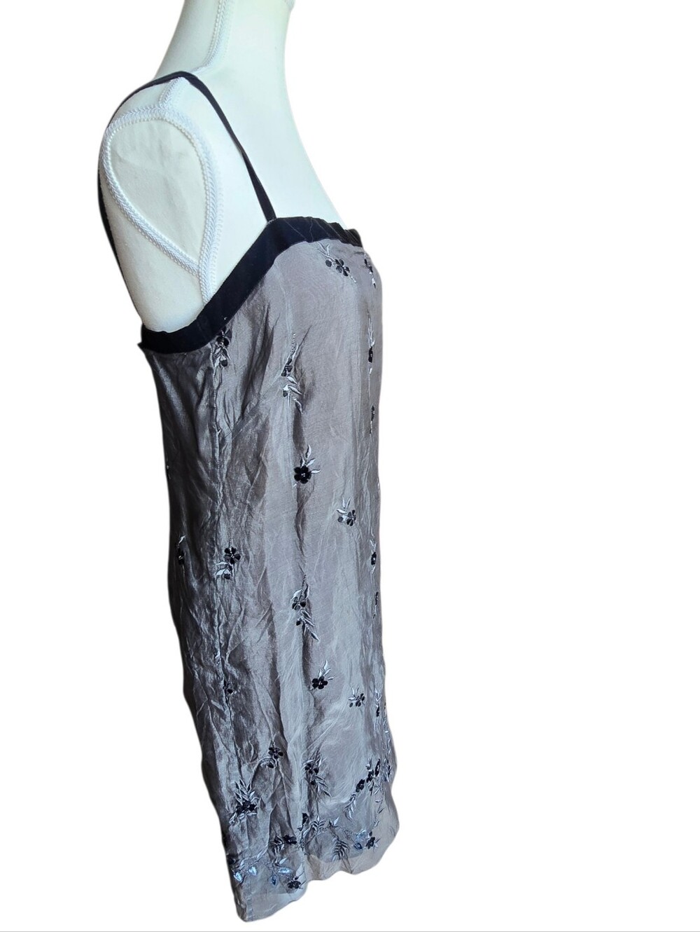 Vintage Ann Taylor Y2K 100% Silk Black Floral Embroidered Velvet Trim Dress 12 - Picture 6 of 9